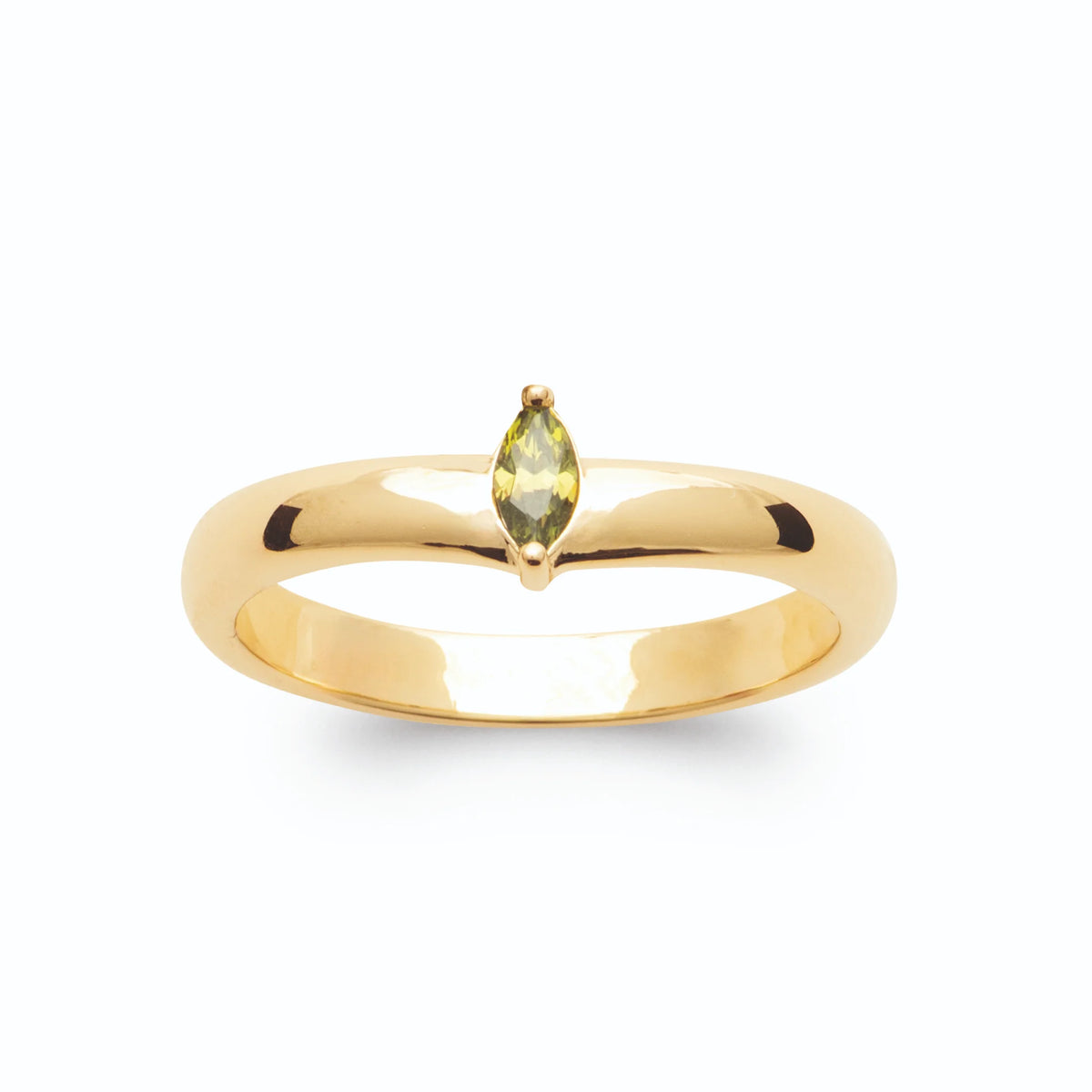 Bague jonc bombé et pierre navette vert olive sertie clos plaqué or, vue de face