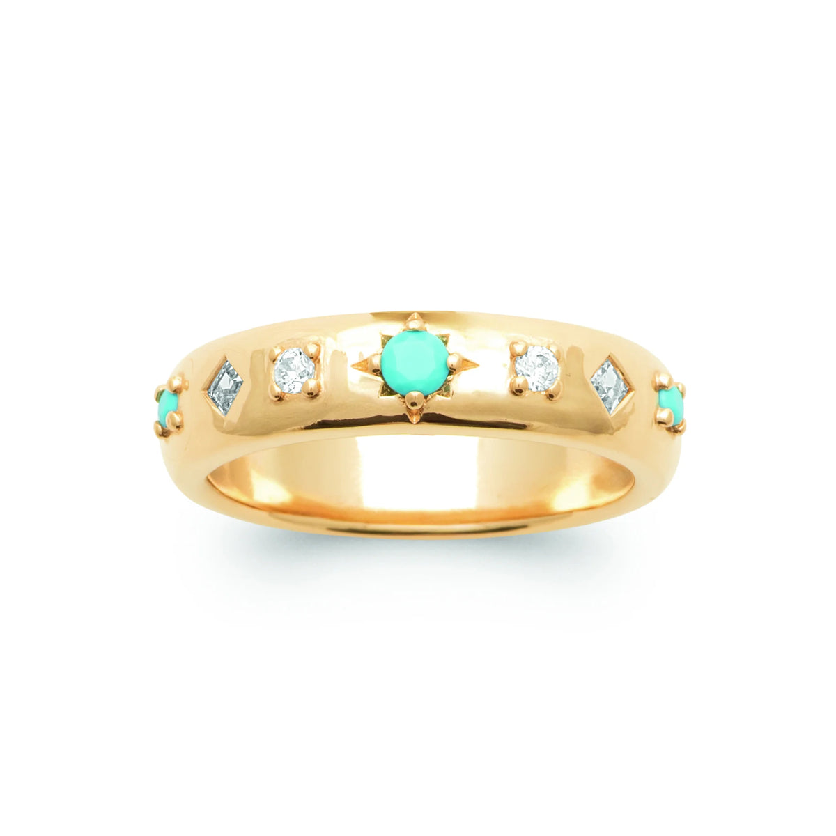 Bague jonc bombé pierres turquoise et zircons sertis étoilés plaqué or, vue de face