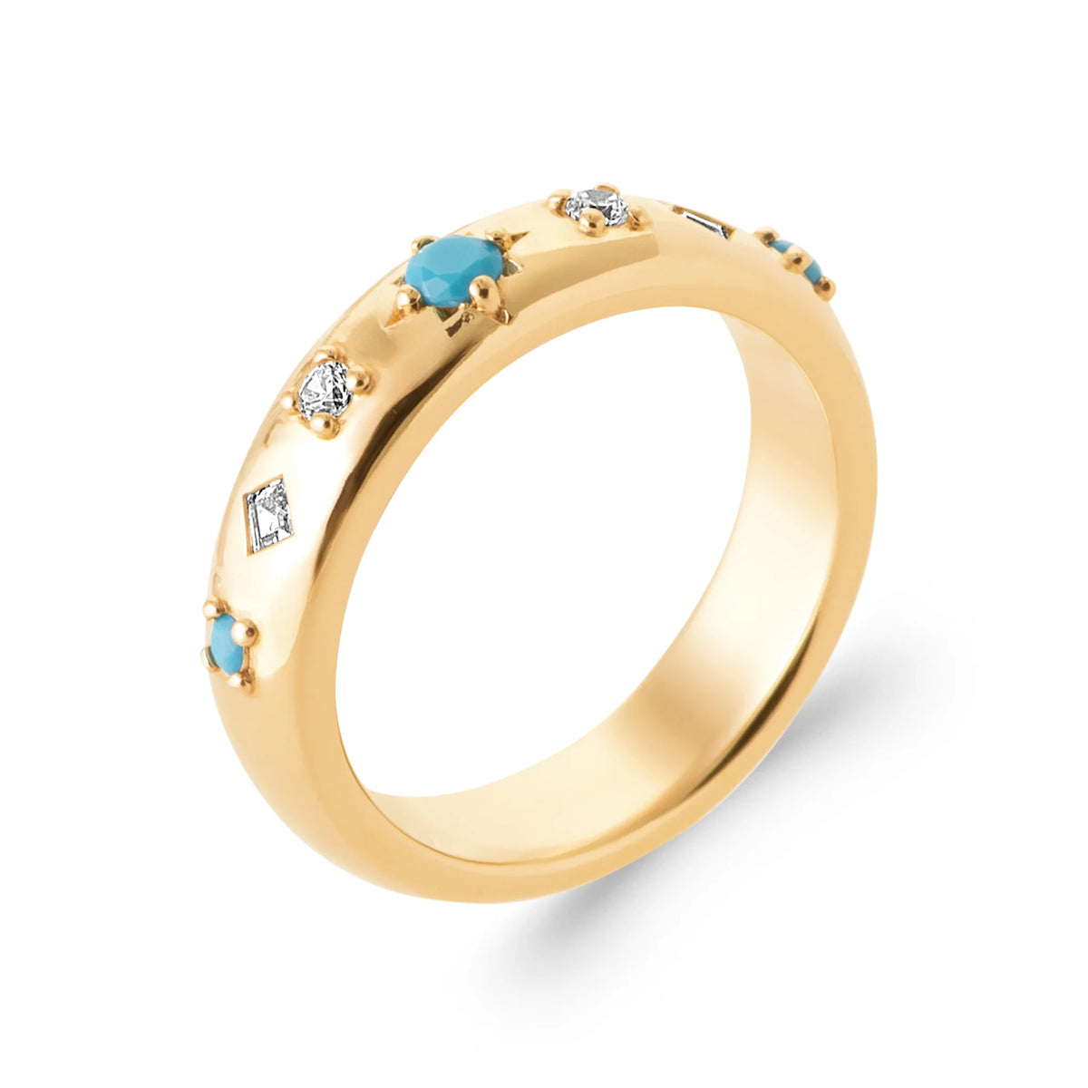 Bague jonc bombé pierres turquoise et zircons sertis étoilés en plaqué or, vue de trois quarts