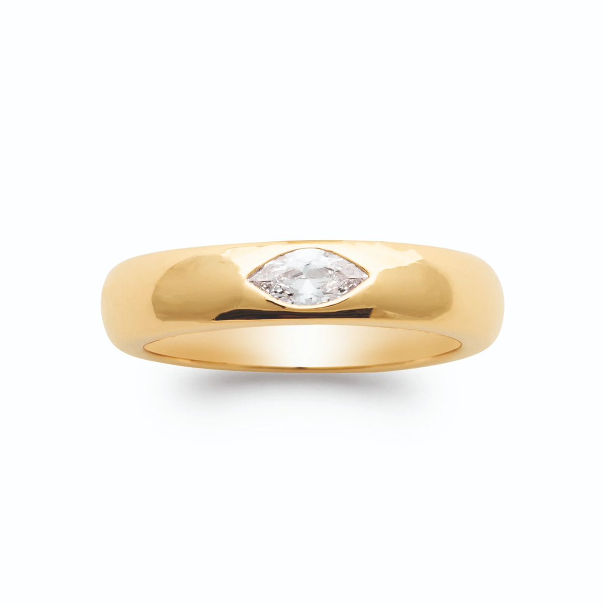 Bague jonc bombé poli et zircon navette serti à fleur plaqué or, vue de face