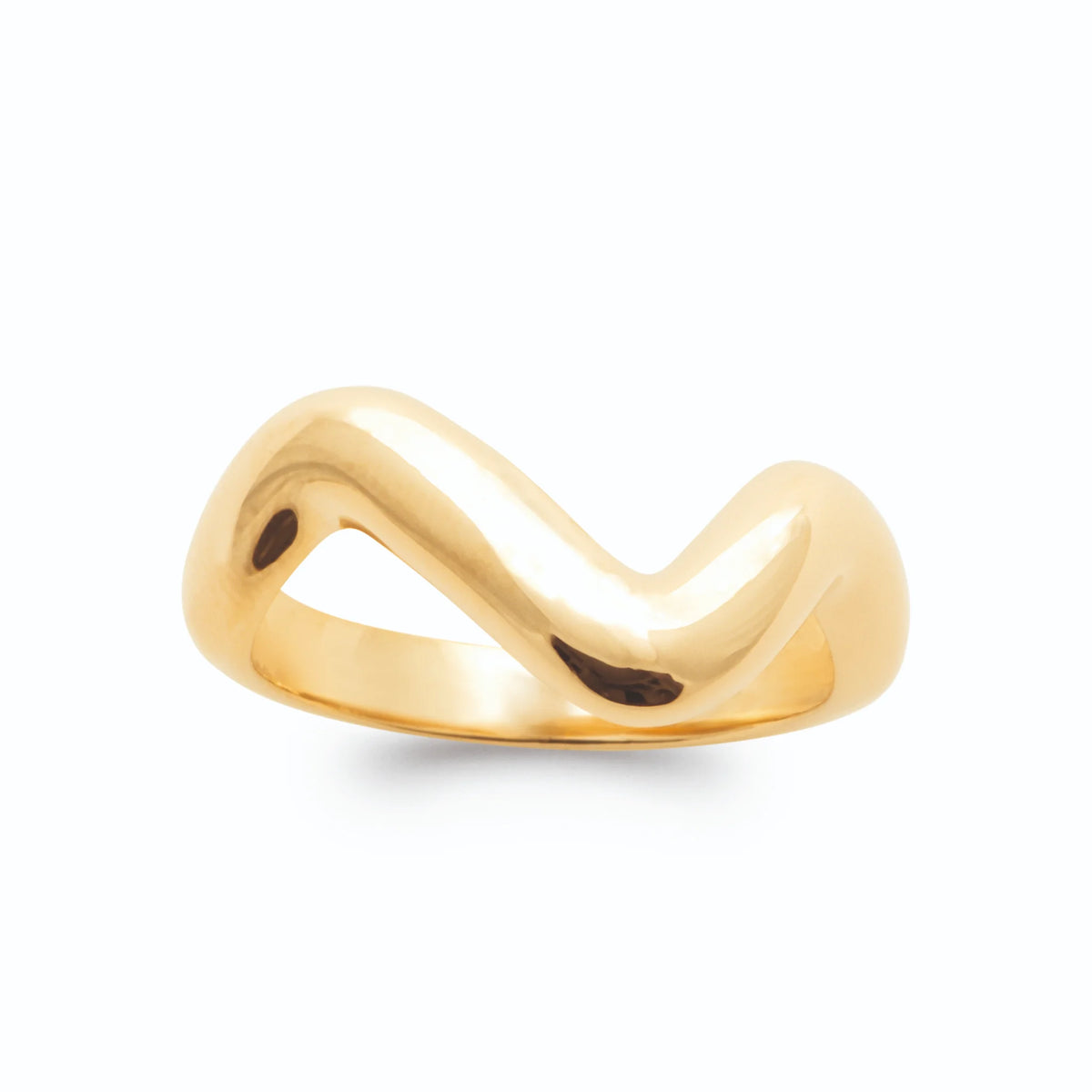 Bague jonc bombé sculpté en vague polie plaqué or, vue de face
