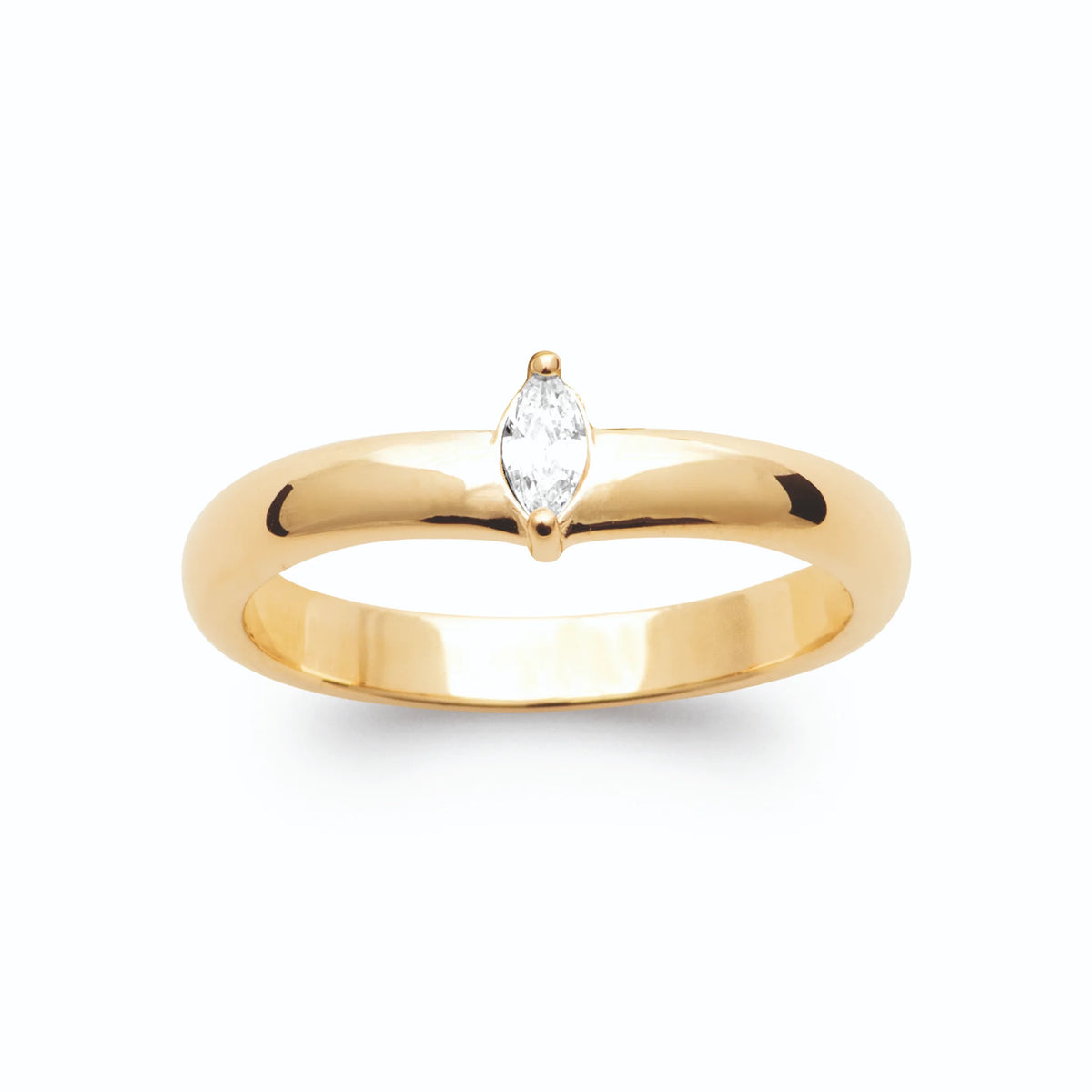 Bague jonc bombé et zircon navette serti clos plaqué or, vue de face