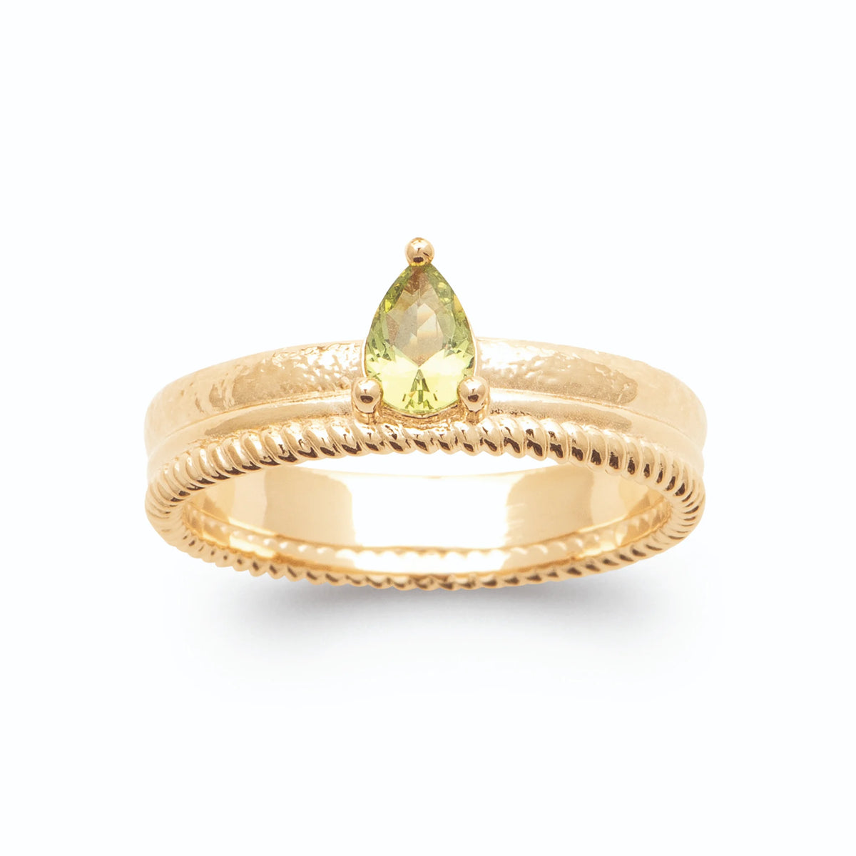 Bague jonc bords perlés pierre poire vert anis en plaqué or