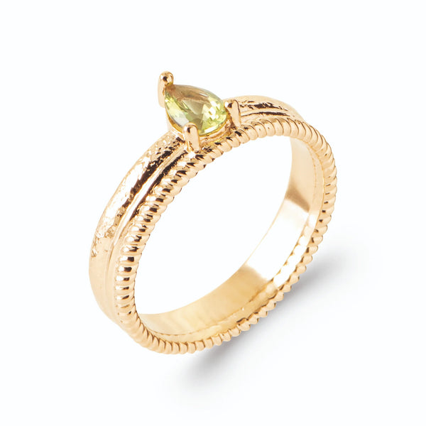 Bague jonc bords perlés pierre poire vert anis en plaqué or