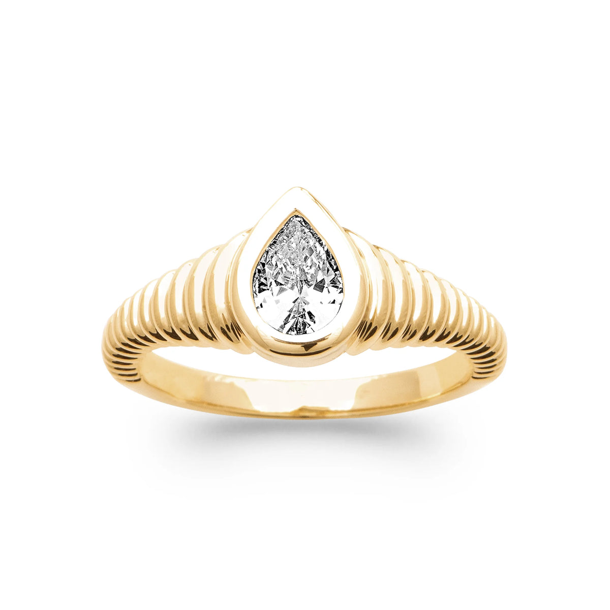 Bague jonc godronné zircon poire plaqué or, vue de face