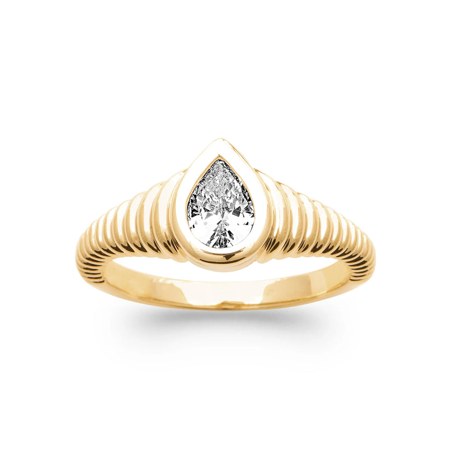 Bague jonc godronné zircon poire en plaqué or, portée à la main