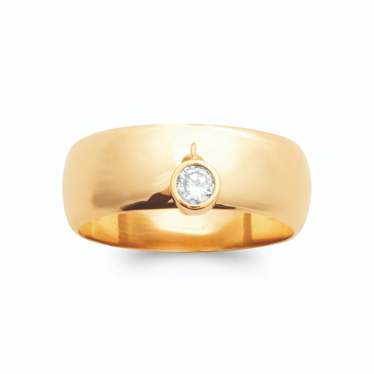 Bague jonc large bombé et zircon rond serti clos plaqué or, vue de face