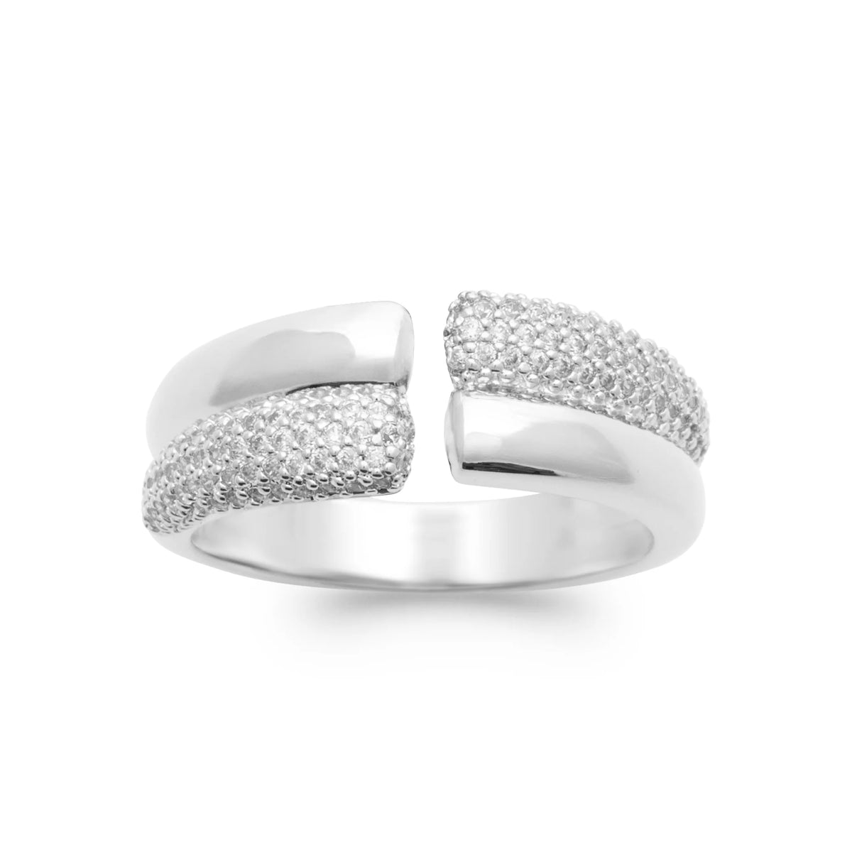 Bague jonc large ouvert pavé de zircons en argent 925