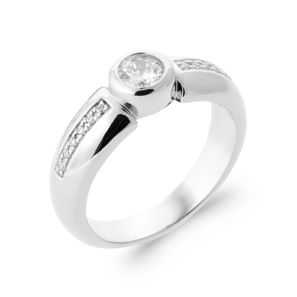 Bague jonc large zircon serti clos et lignes pavées en argent 925