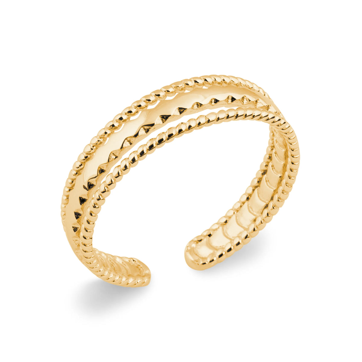 Bague jonc ouvert rangs perlés et côtelés alternés en plaqué or
