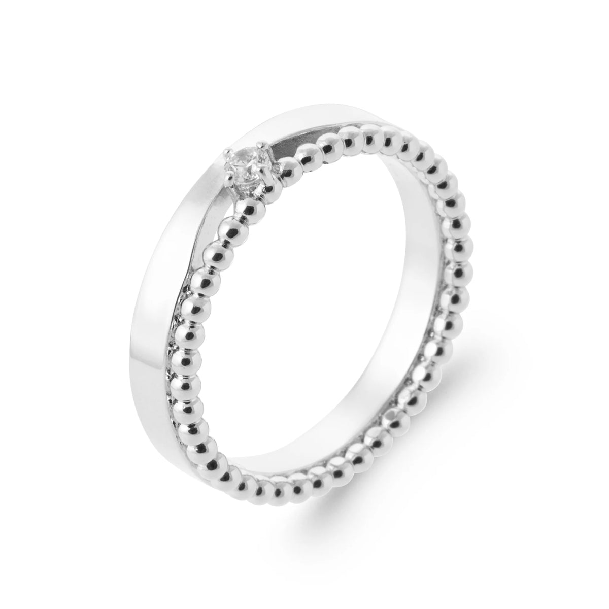 Bague jonc perlé mi-pavé de zircons en argent 925