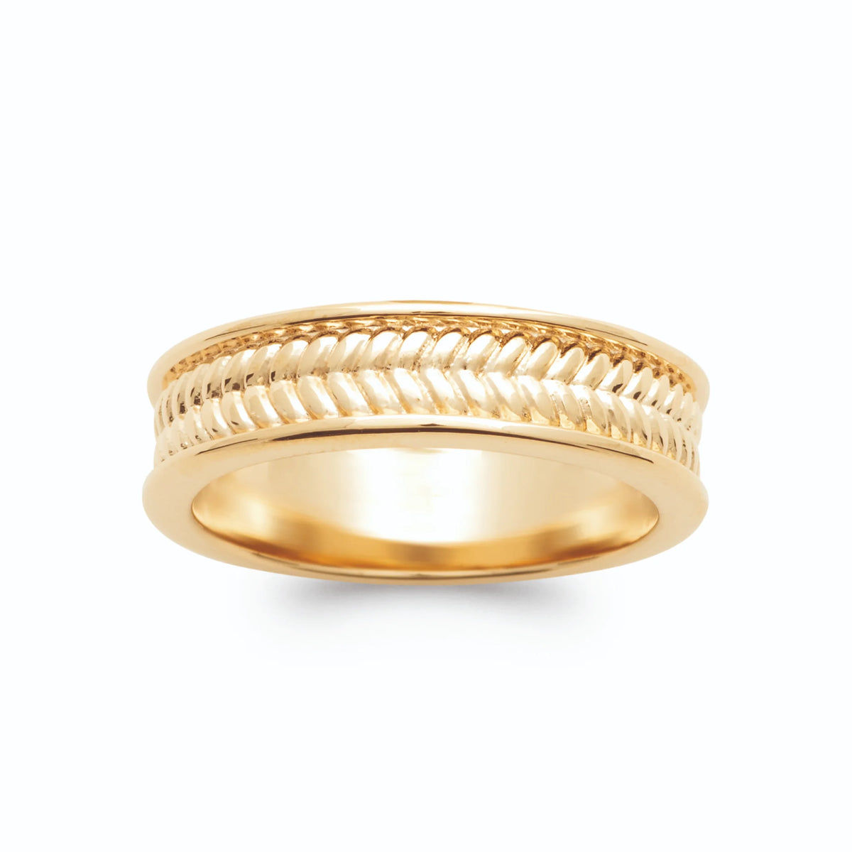 Bague jonc plat bords polis et bande effet corde plaqué or, vue de face