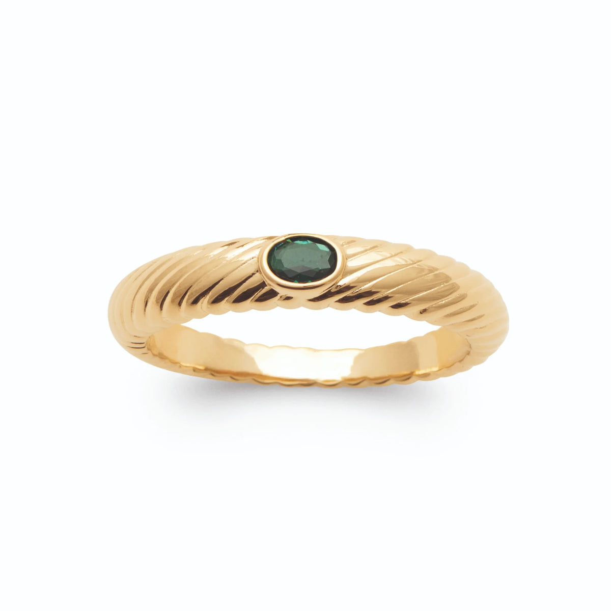 Bague jonc torsadé et pierre ovale vert émeraude plaqué or, vue de face