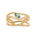 Bague joncs croisés, pierre navette bleu-vert et zircons en plaqué or