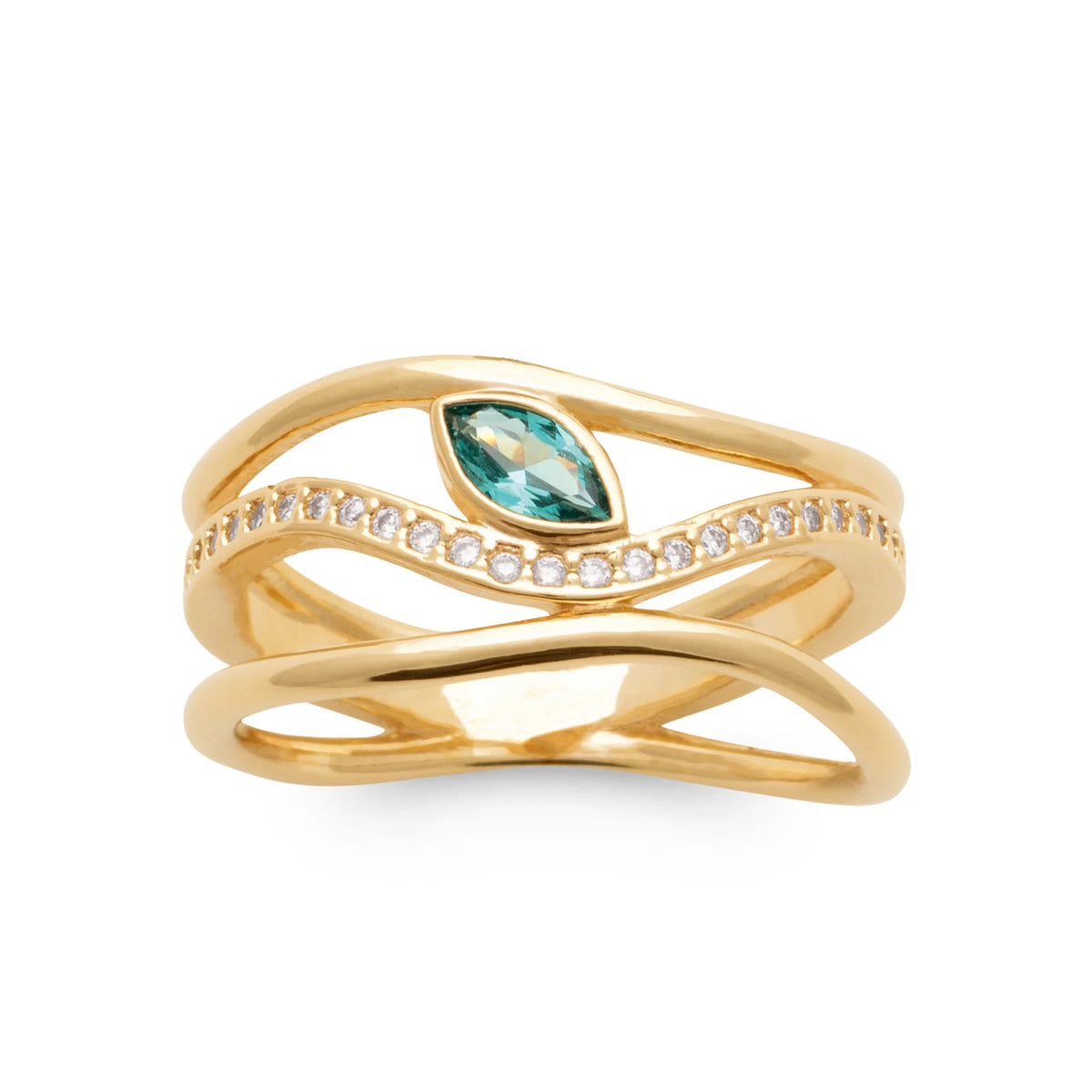 Bague joncs croisés, pierre navette bleu-vert et zircons en plaqué or