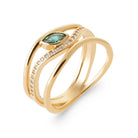 Bague joncs croisés, pierre navette bleu-vert et zircons en plaqué or