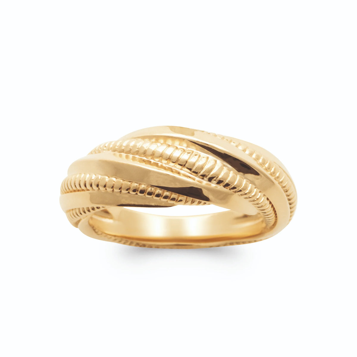 Bague joncs lisses et côtelés en torsade ample en plaqué or