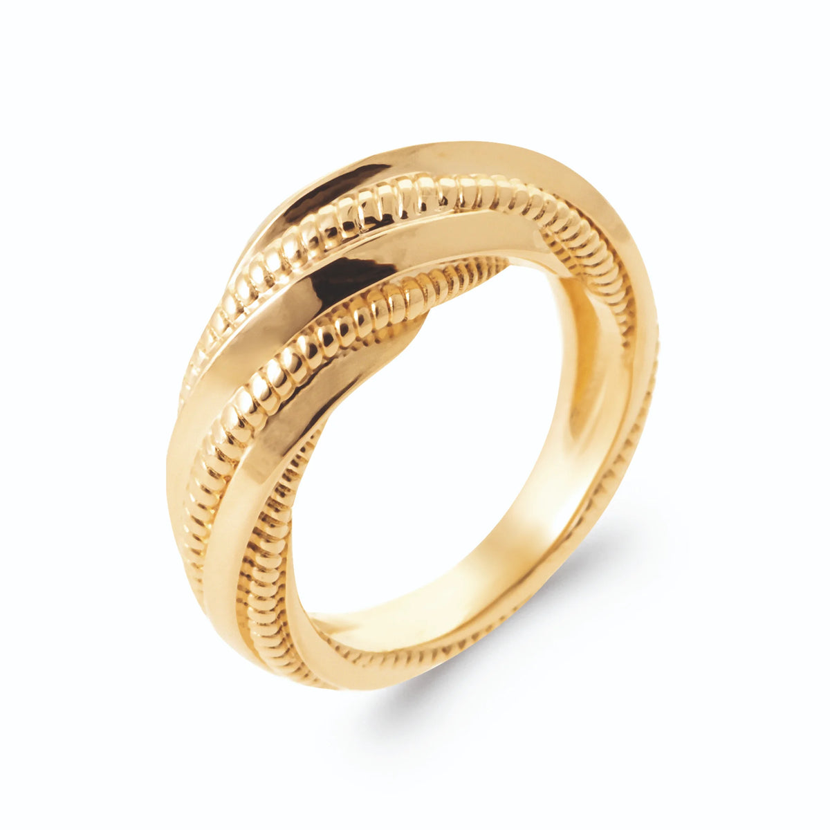 Bague joncs lisses et côtelés en torsade ample en plaqué or