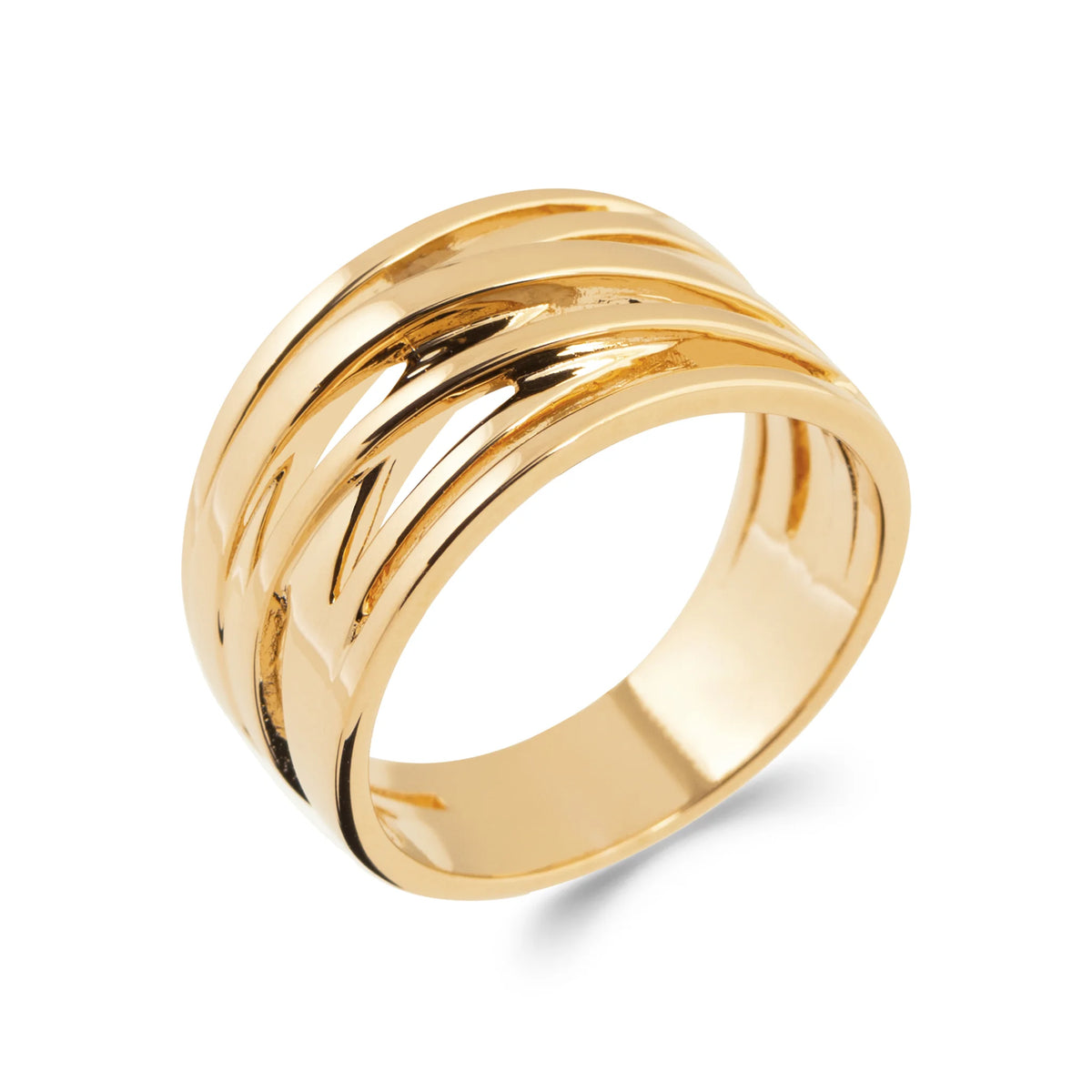 Bague large bandes d’or ondulées superposées en rides en plaqué or