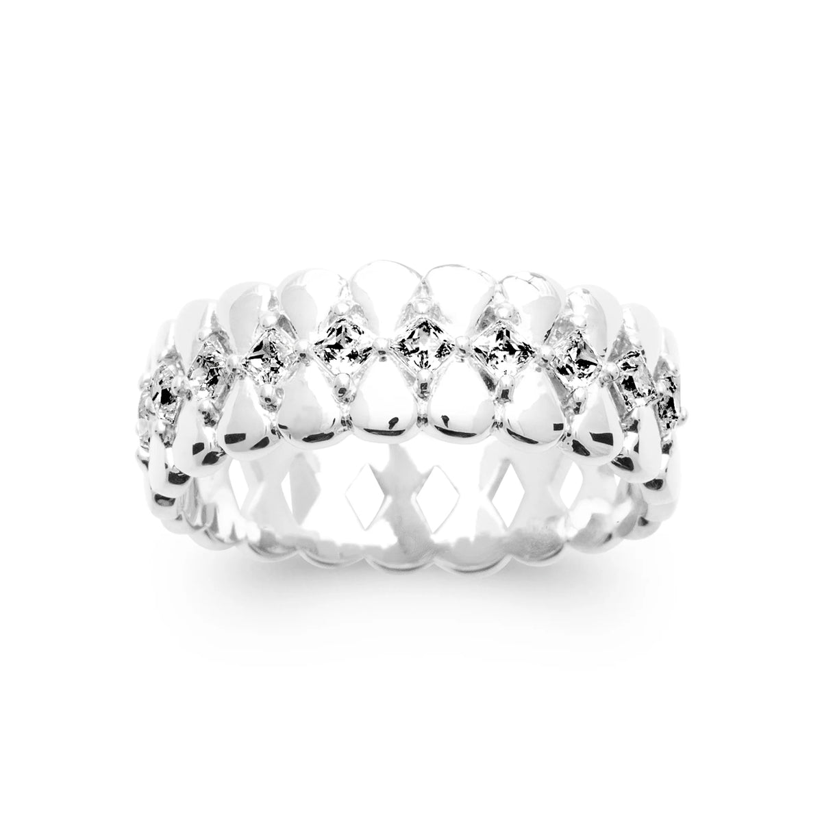 Bague large chaîne de cœurs ajourés et zircons en argent 925