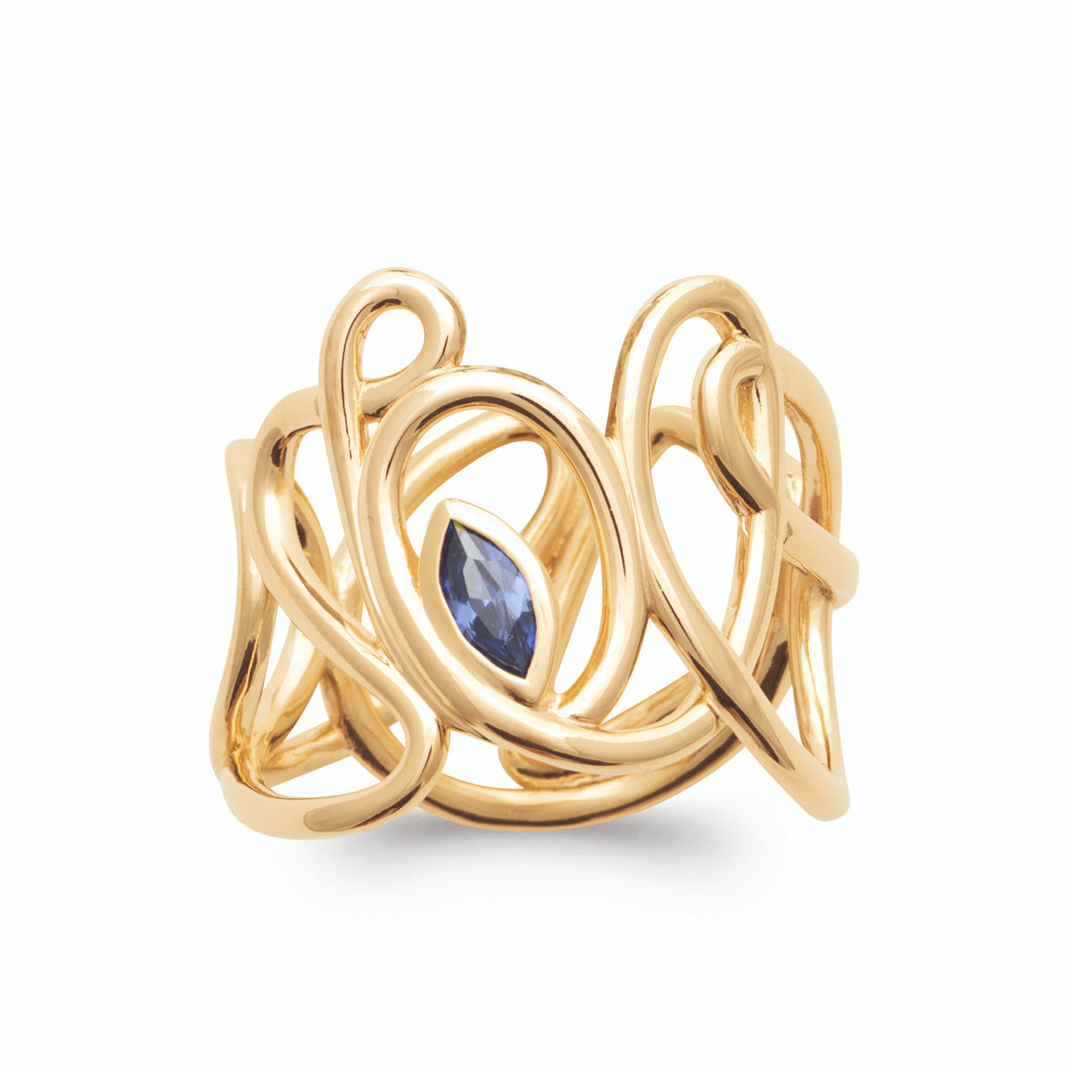 Bague large fils d’or enchevêtrés et pierre navette bleu nuit plaqué or, vue de face