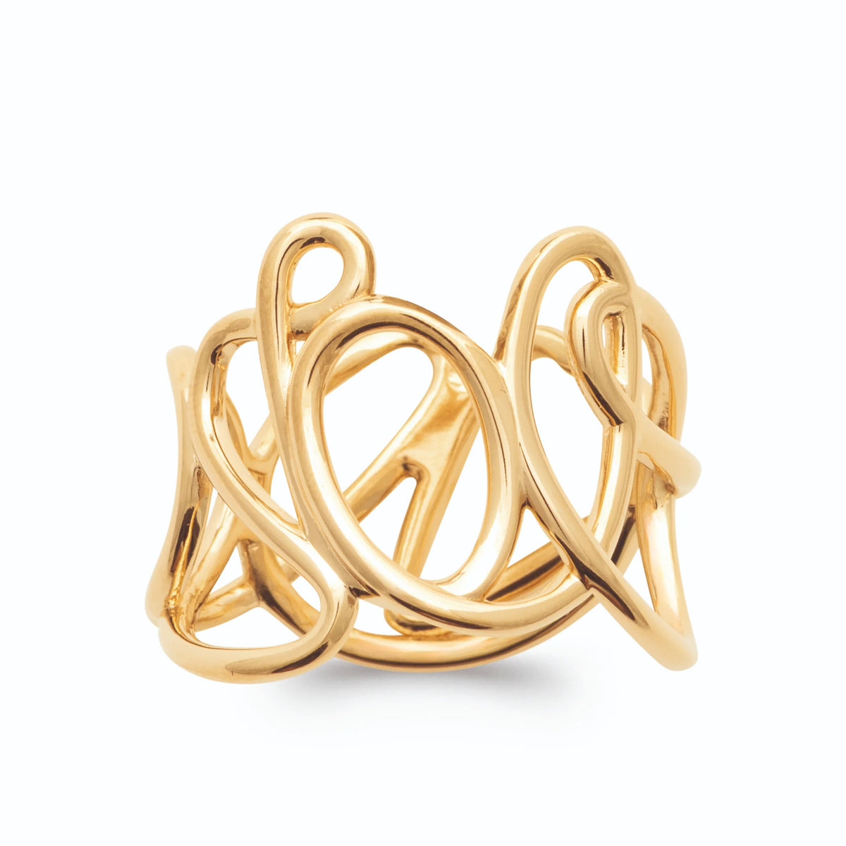 Bague large fils d’or enchevêtrés sans pierre plaqué or, vue de face