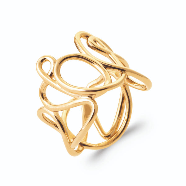 Bague large fils d’or enchevêtrés sans pierre en plaqué or, vue de trois quarts