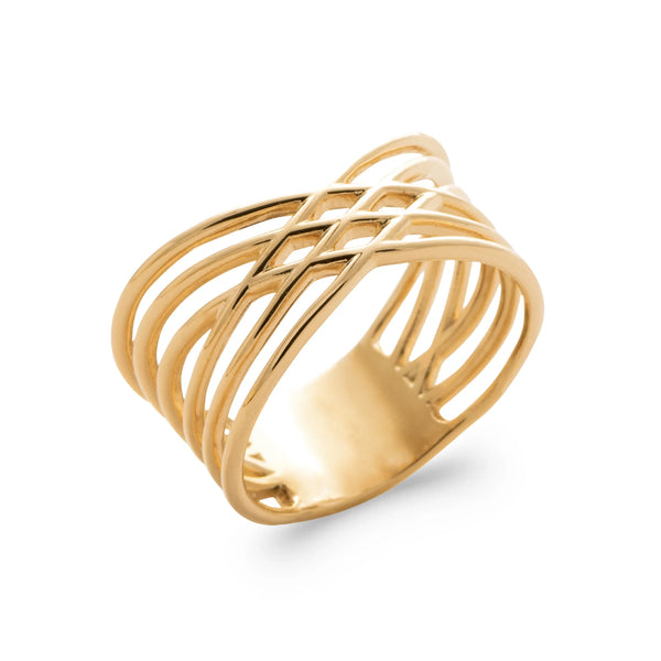 Bague large fils d’or lisses croisés en vagues en plaqué or, vue de trois quarts