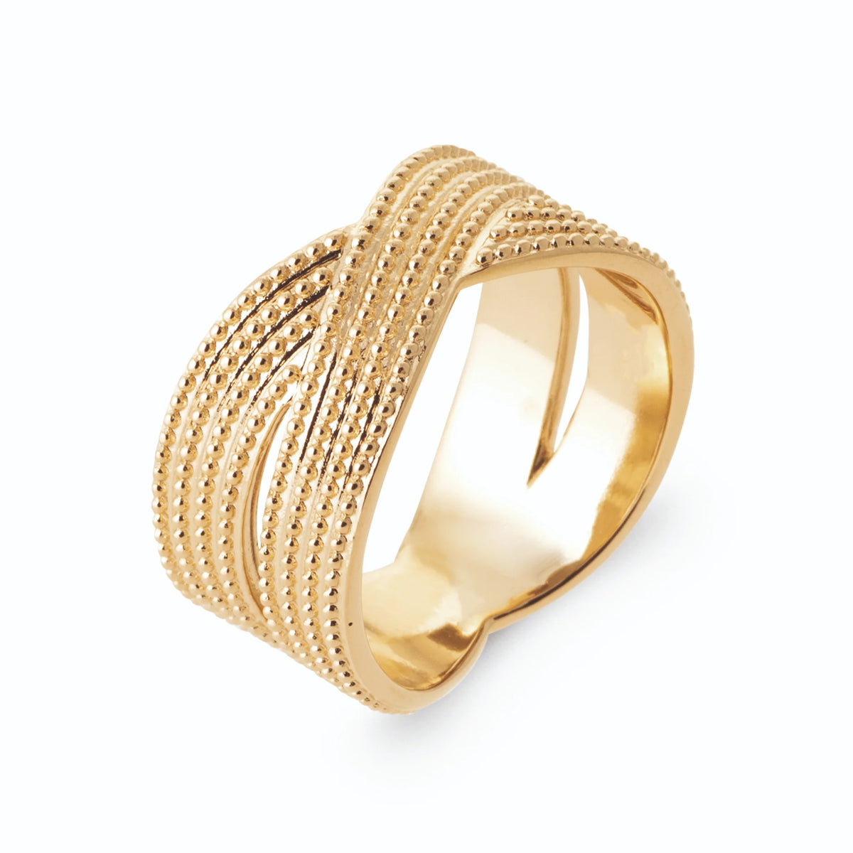 Bague large de fils torsadés croisés sur le dessus en plaqué or