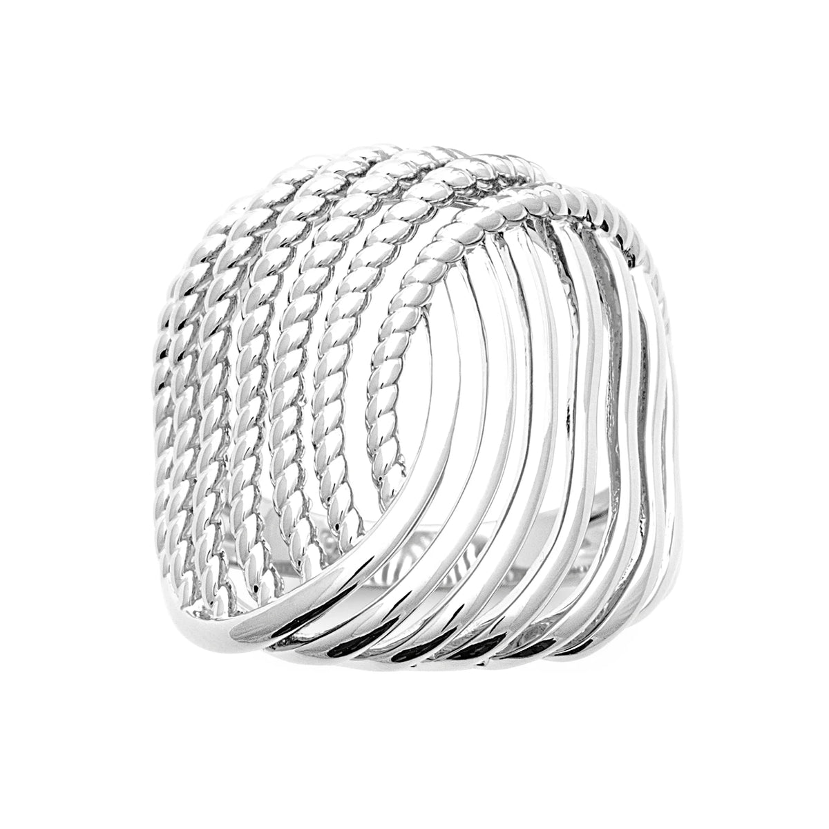 Bague large fils torsadés ondulés en argent 925 rhodié