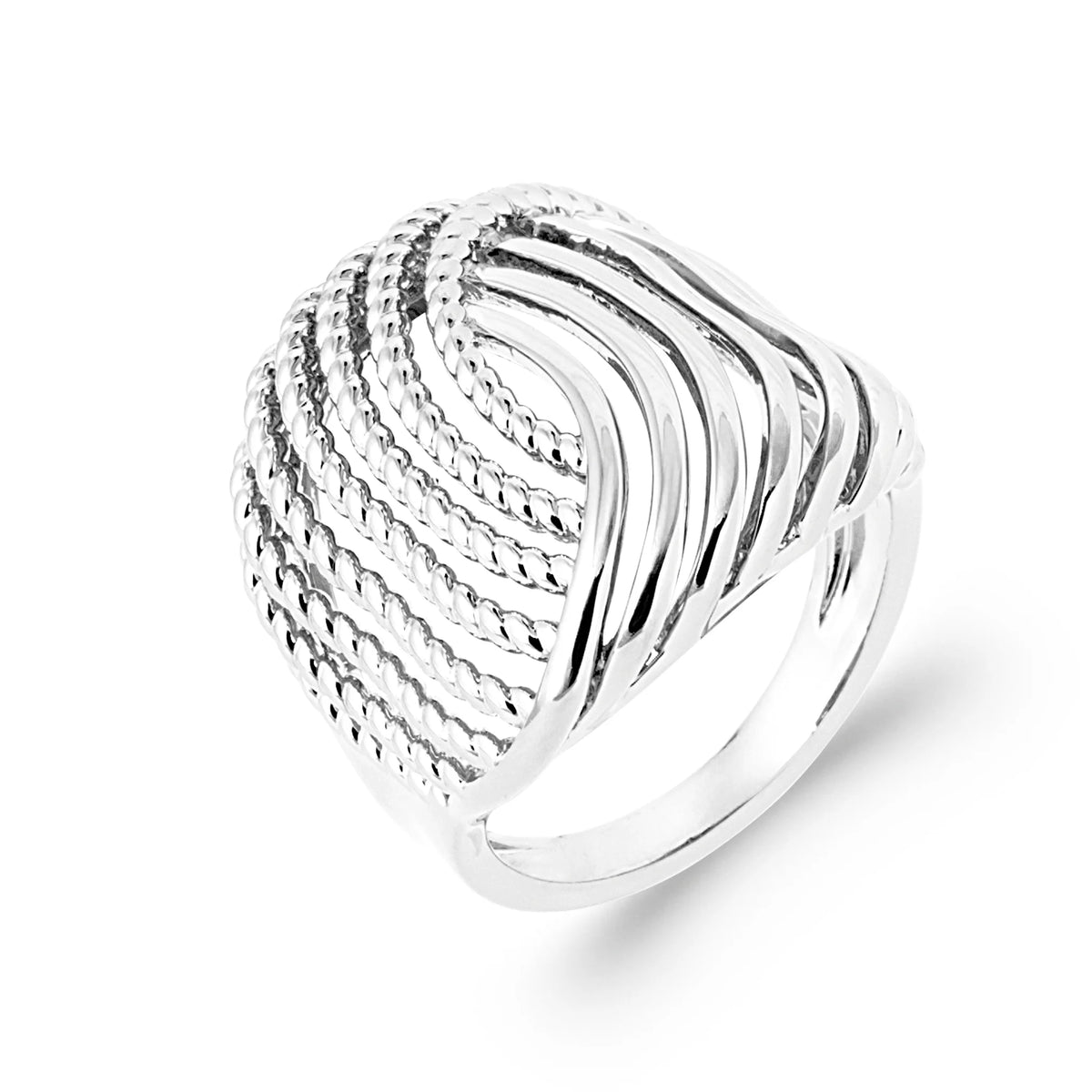 Bague large fils torsadés ondulés en argent 925 rhodié