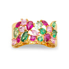 Bague large mosaïque de pierres roses et vertes plaqué or, vue de face
