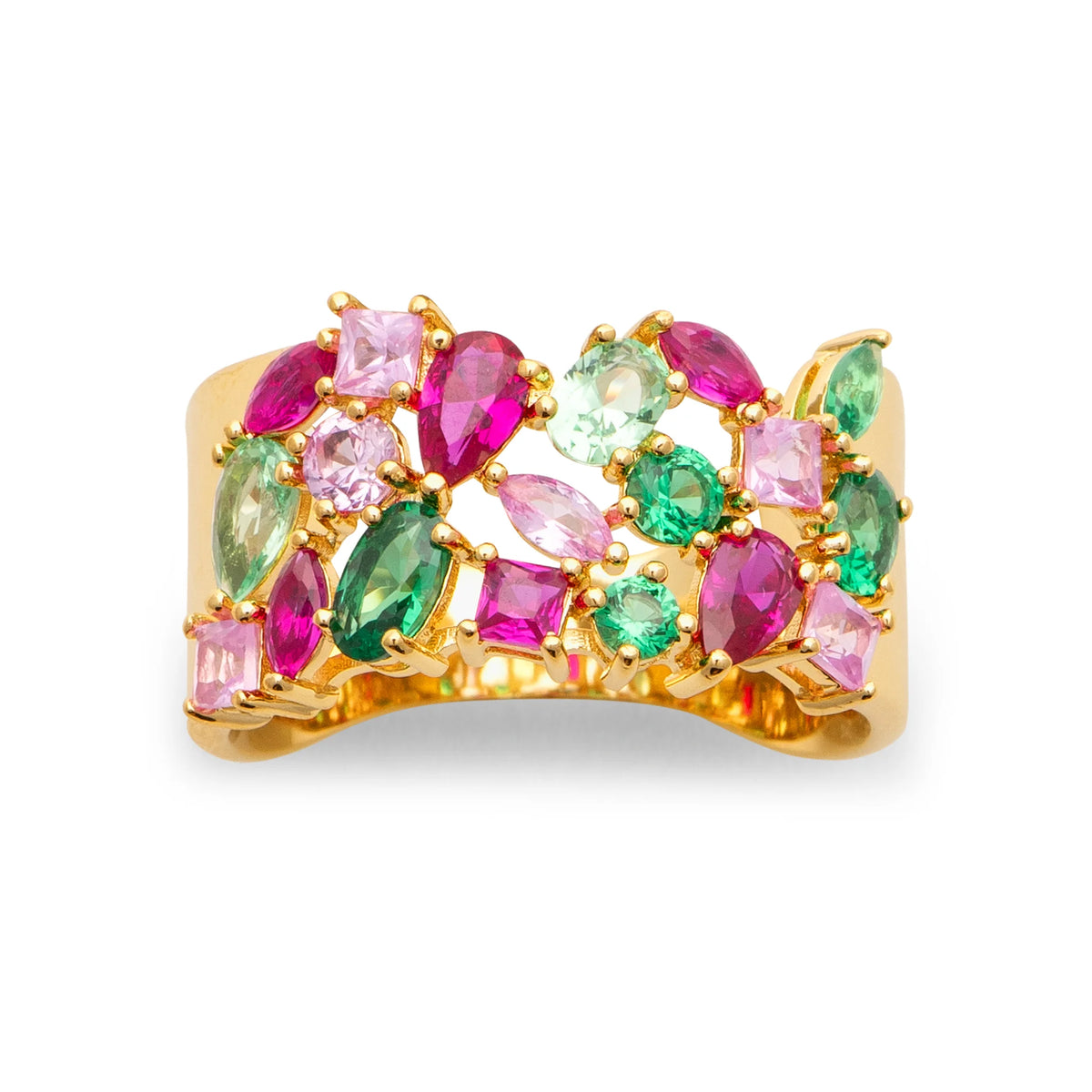 Bague large mosaïque de pierres roses et vertes plaqué or, vue de face