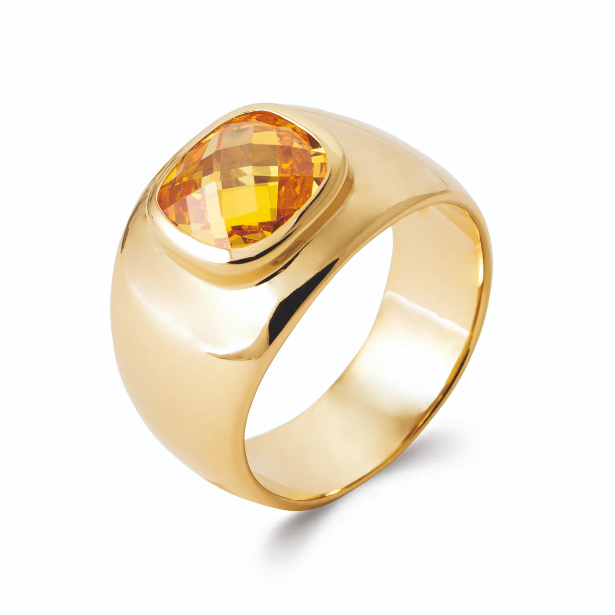 Bague large plateau bombé et grande pierre coussin jaune miel en plaqué or