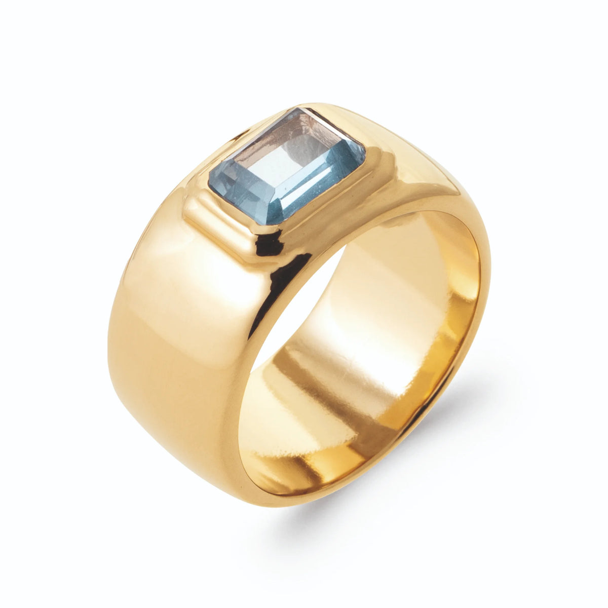 Bague large plateau poli et pierre rectangulaire bleu ciel en plaqué or