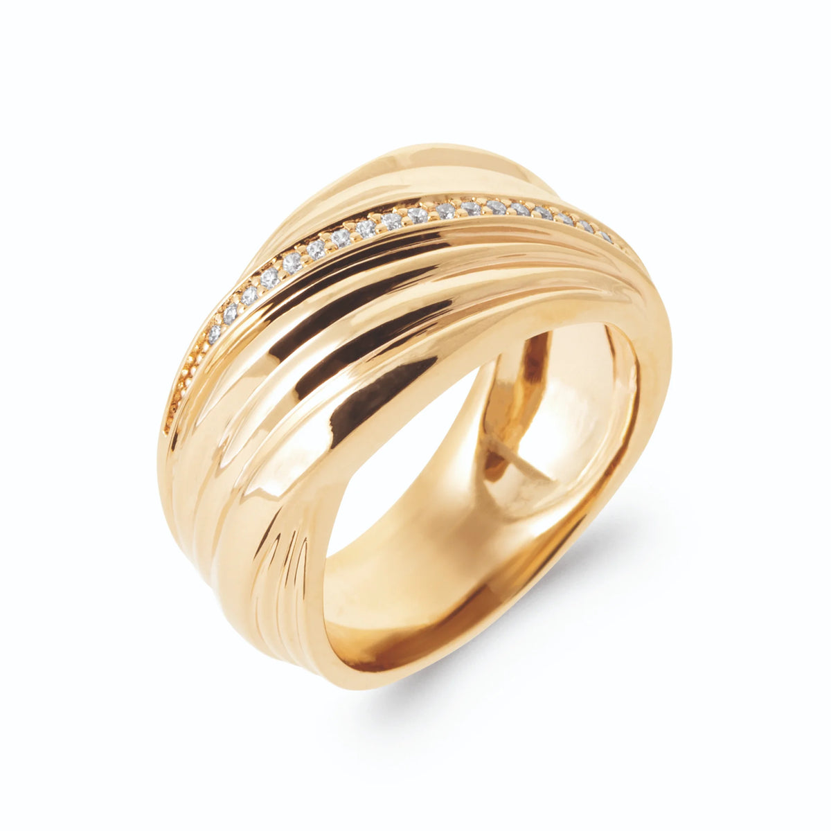 Bague large rubans d’or ondulés croisés et zircons en plaqué or