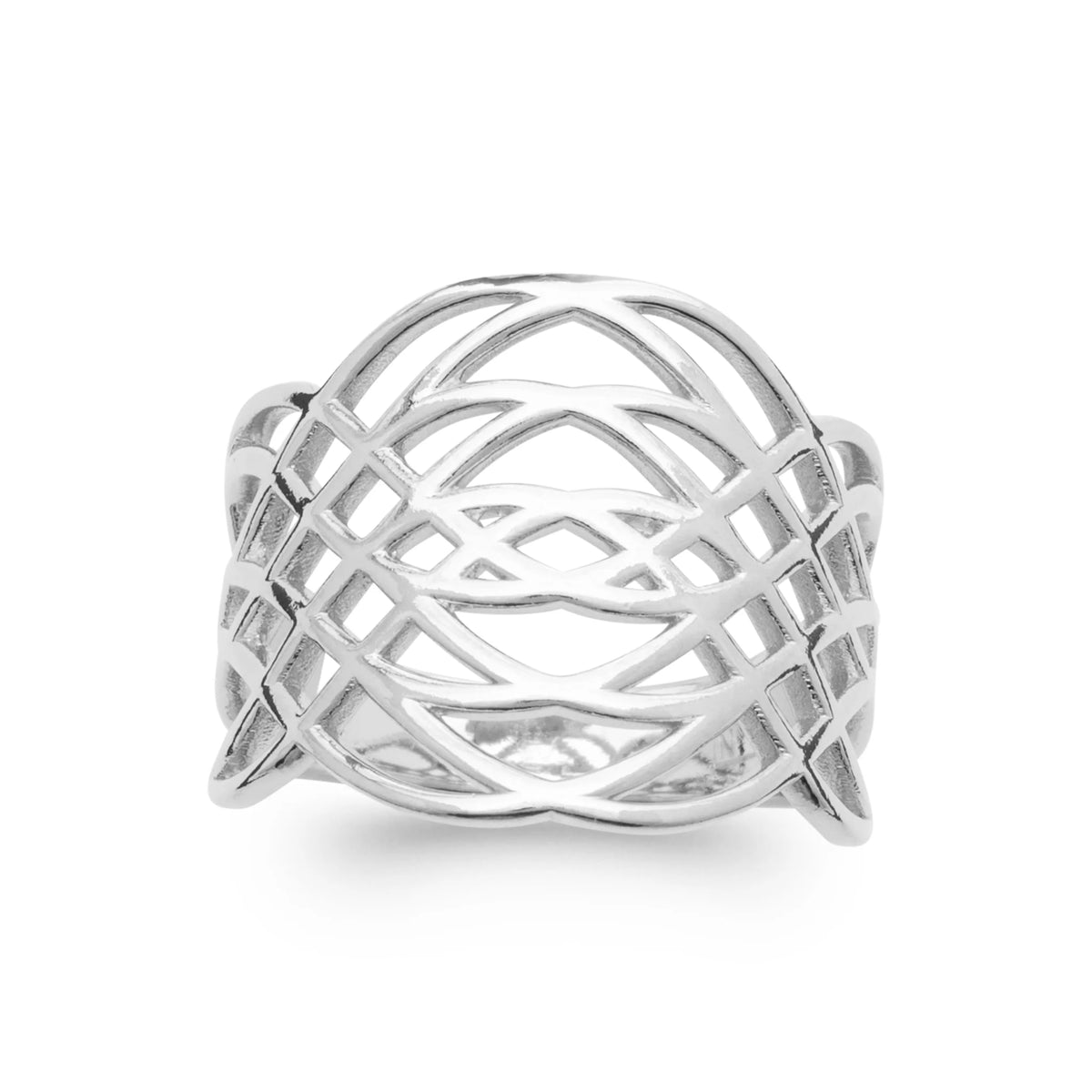 Bague large treillis ajouré en argent 925 rhodié, vue de face
