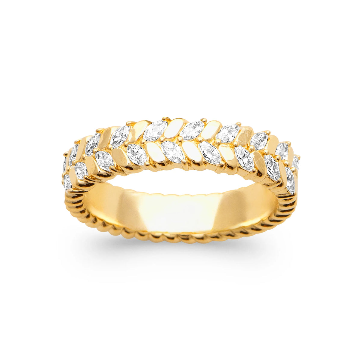 Bague laurier de zircons navettes plaqué or, vue de face