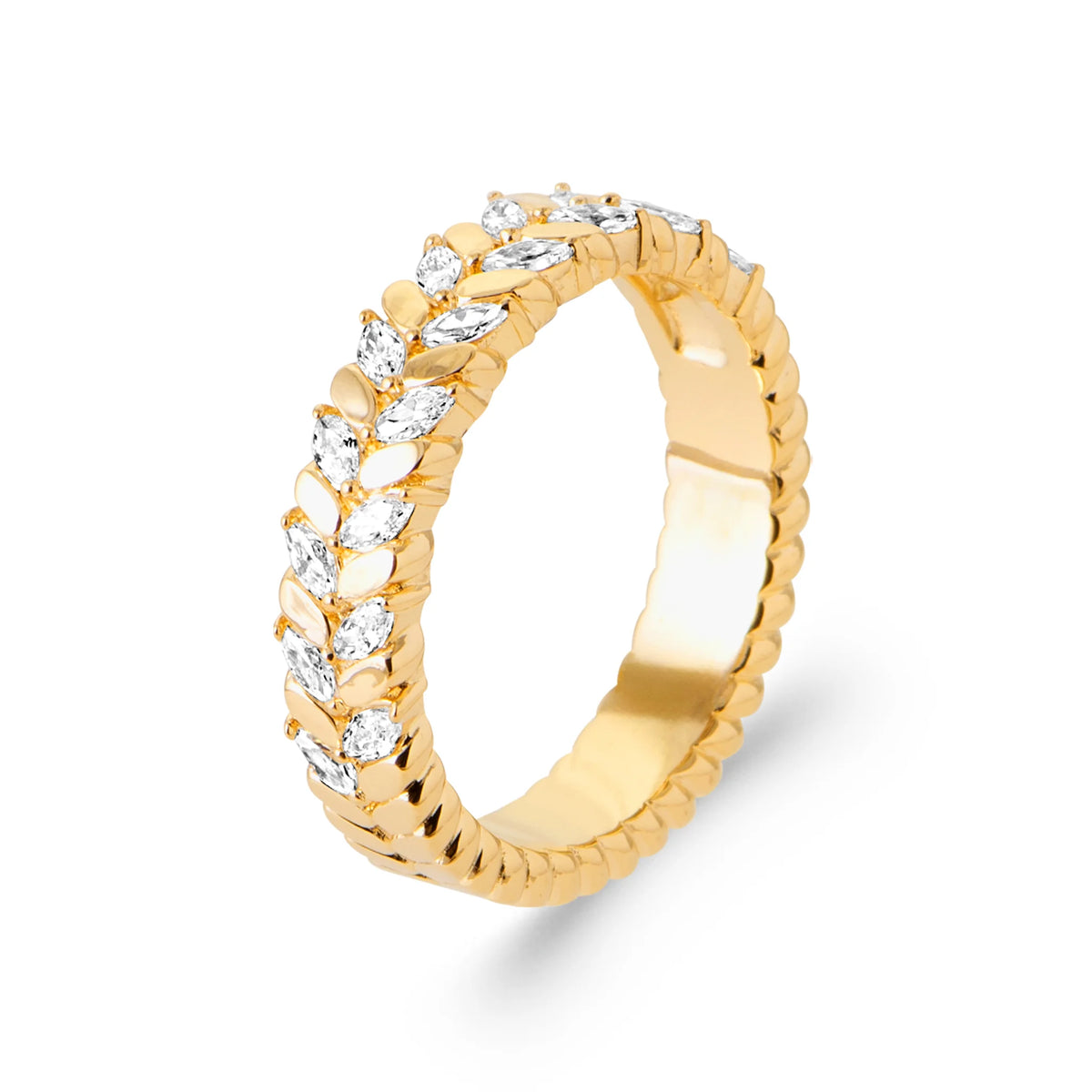 Bague laurier de zircons navettes en plaqué or, vue de trois quarts