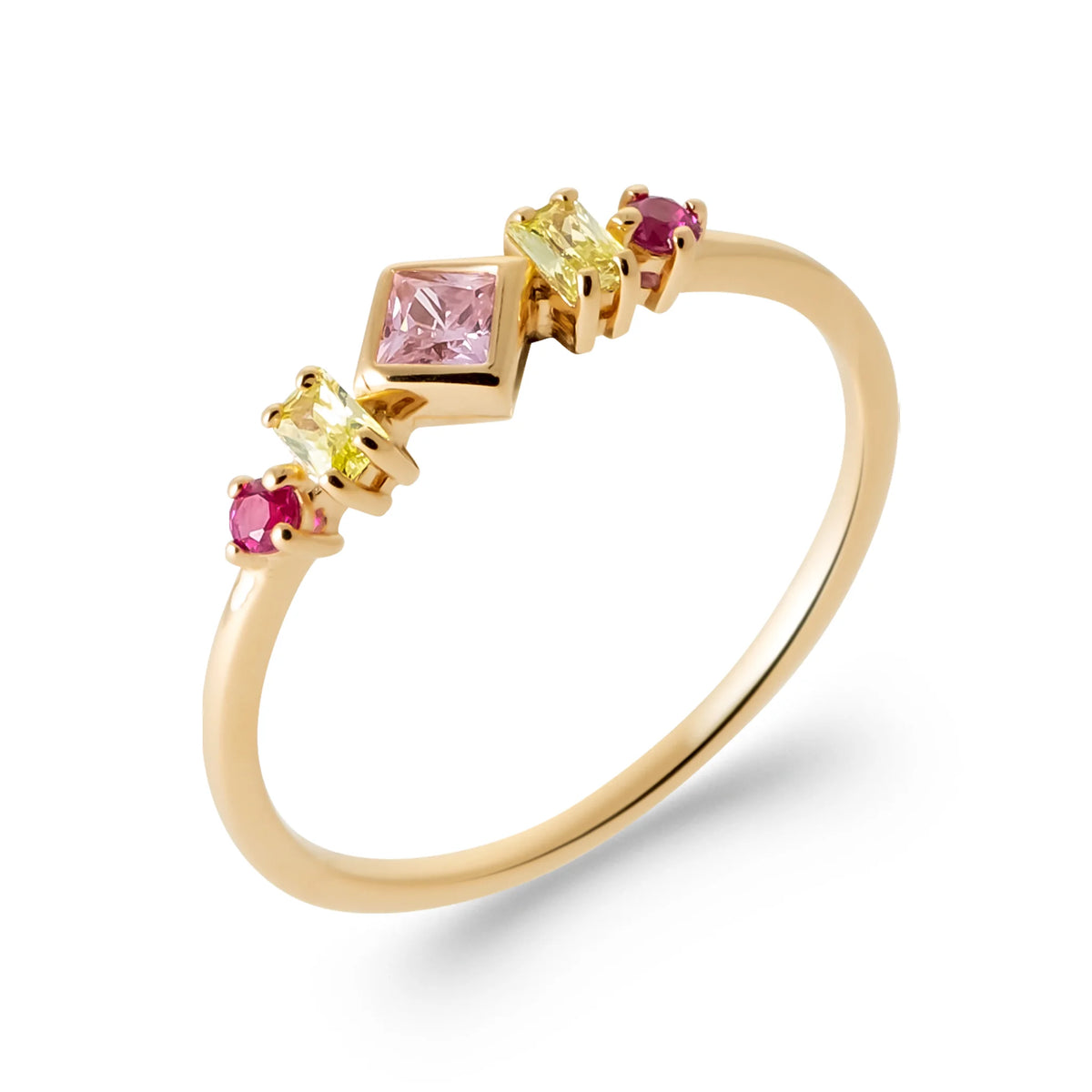 Bague ligne de petites pierres rose et jaune en plaqué or