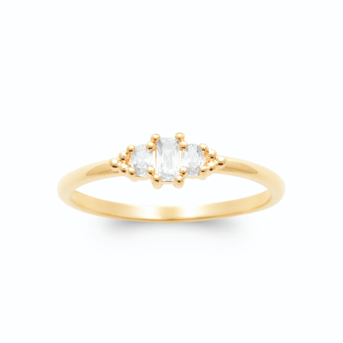 Bague ligne de trois zircons ovale et poires perlée en plaqué or