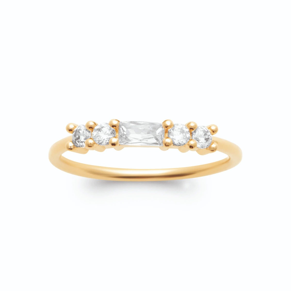Bague ligne de zircons baguette et ronds plaqué or, vue de face