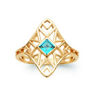 Bague losange ajouré géométrique pierre carrée bleu ciel plaqué or, vue de face