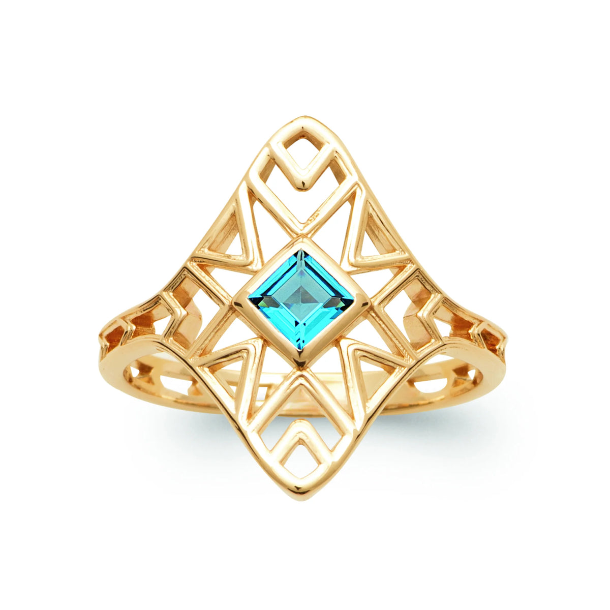 Bague losange ajouré géométrique pierre carrée bleu ciel plaqué or, vue de face