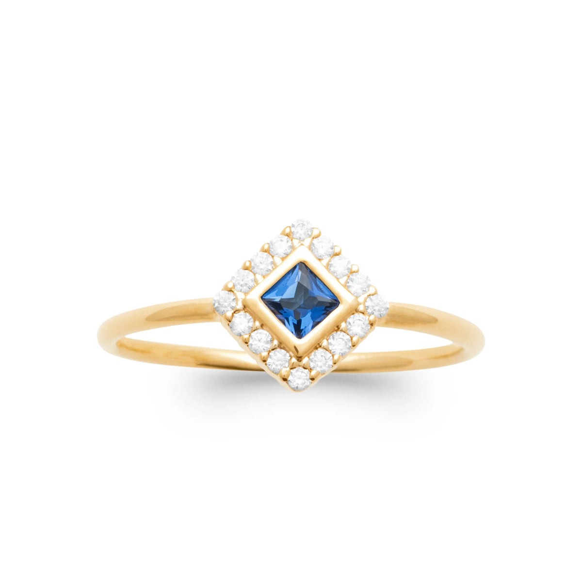 Bague losange pierre carrée bleu outremer et zircons en plaqué or