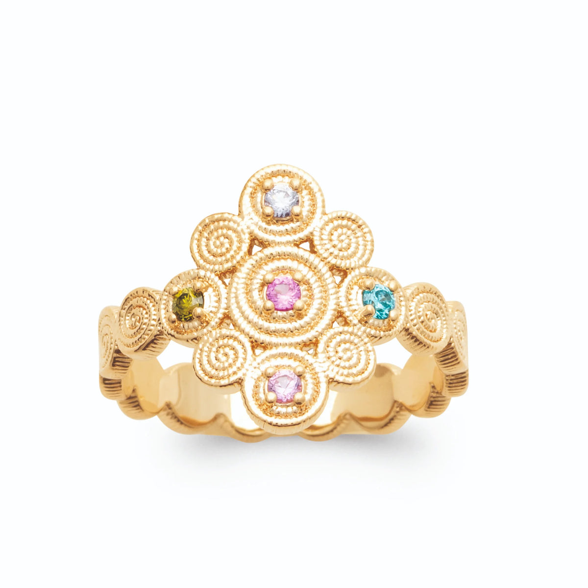 Bague losange de spirales filigranées pierres multicolores plaqué or, vue de face