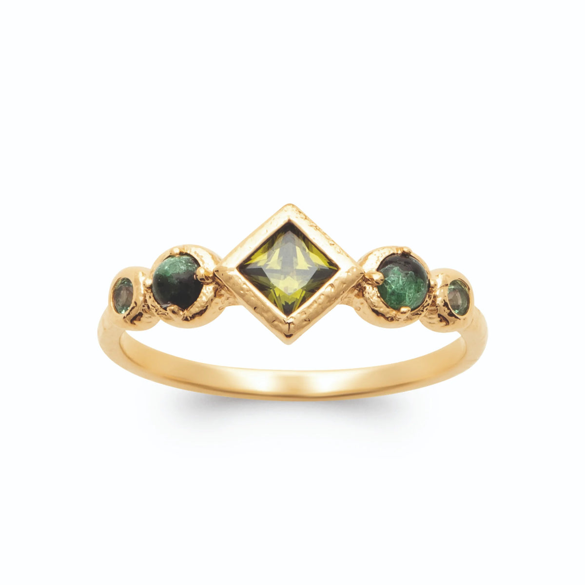 Bague losange vert olive et pierres vert sapin en plaqué or