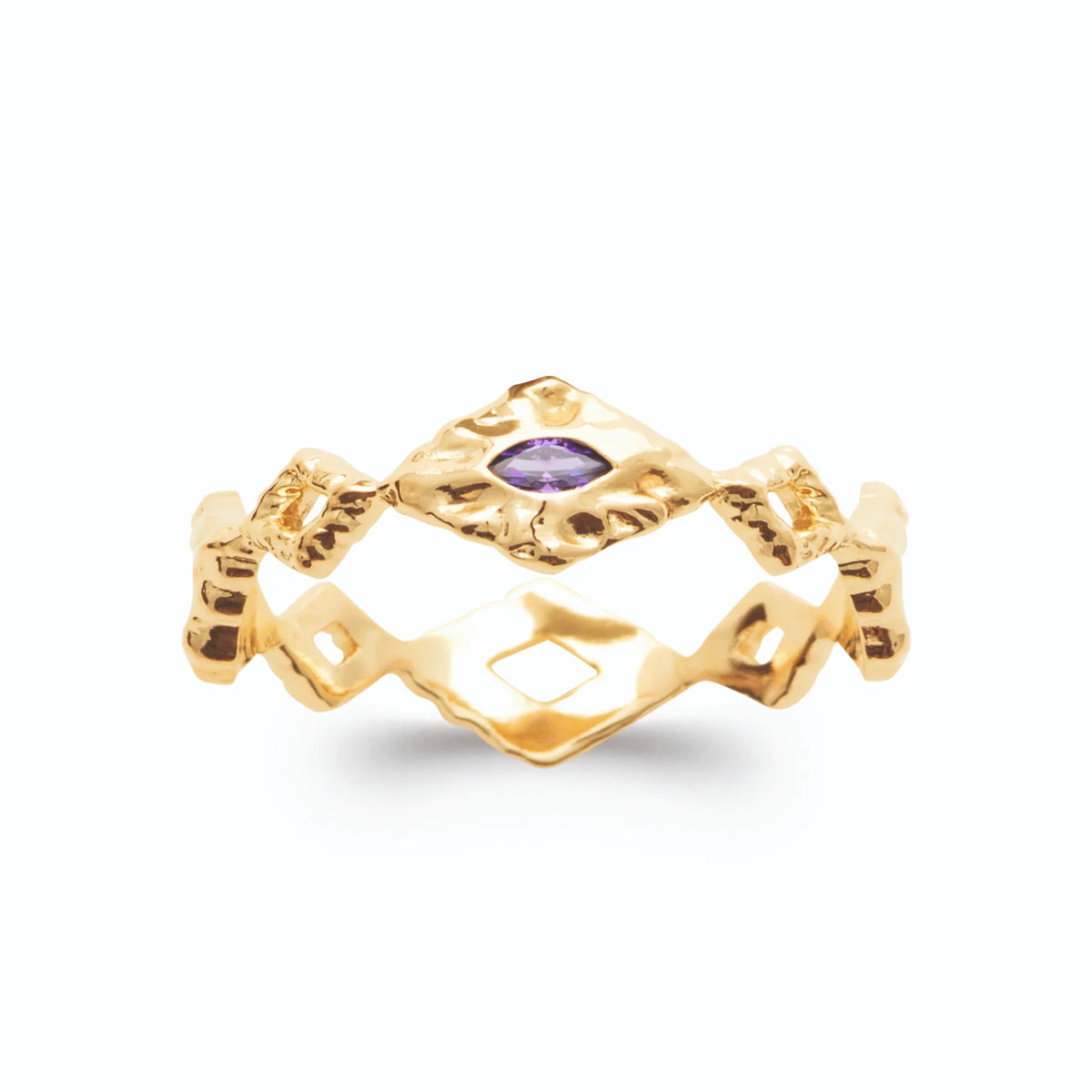 Bague losanges ajourés et pierre navette violette plaqué or, vue de face