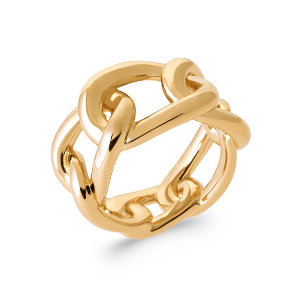Bague maille gourmette et grand maillon plat en or poli en plaqué or, vue de trois quarts