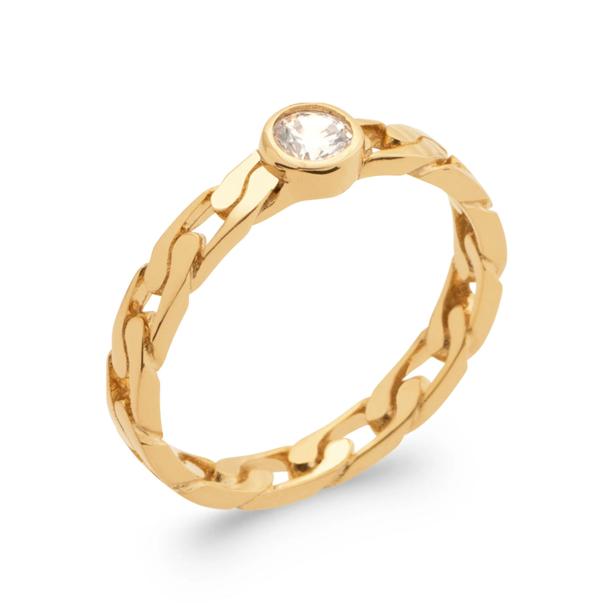 Bague maille gourmette et zircon rond serti clos en plaqué or, vue de trois quarts